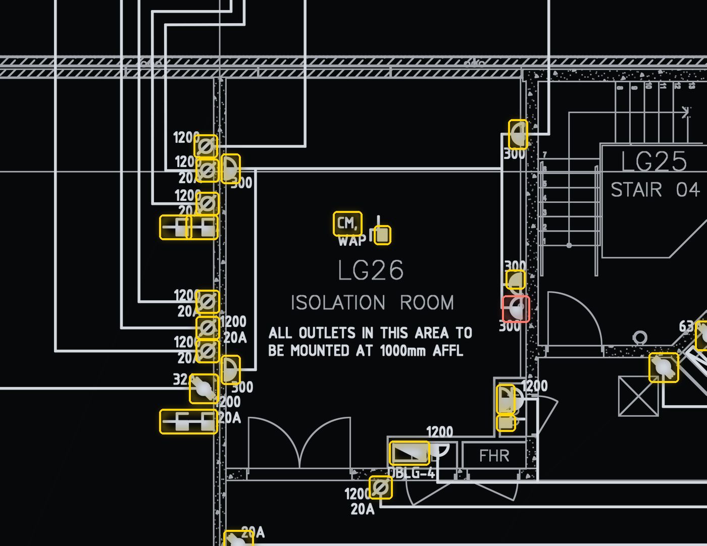 Close-up of the isolation room on E301: power outlets, double GPOs, data outlets and a wireless access point, each boxed in yellow